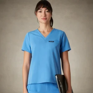 Sale Members Only Bari 1-Pocket Scrub Top Ceil Blue