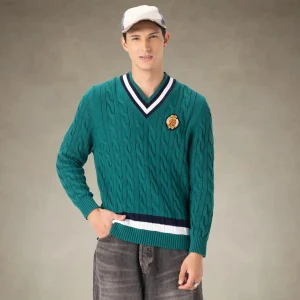 Hot Members Only Men's Cable Knit Cricket Sweater Green