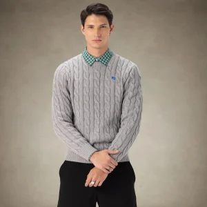 Fashion Members Only Men's Crew Neck Cable Sweater Grey