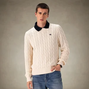 Outlet Members Only Men's Crew Neck Cable Sweater Off-White
