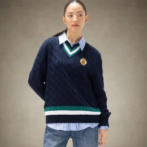 Clearance Members Only Women's Cable Knit Cricket Sweater Navy