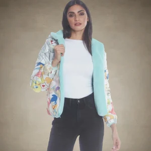 Hot Members Only Women's Faux Rabbit Fur Reversible Bomber Looney Tunes Satin Mashup Print Lining Jacket - FINAL SALE Mint