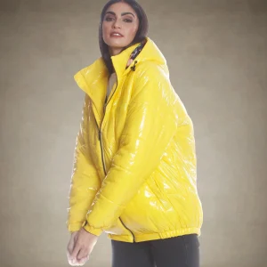 Sale Members Only Women's Hi-Shine Chevron Quilt Puffer with Nickelodeon Mashup Print Lining Jacket - FINAL SALE Yellow