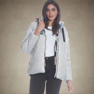 Best Members Only Women's Hi-Shine Chevron Quilt Puffer with Looney Tunes Mashup Print Lining - FINAL SALE Silver