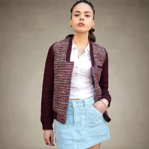 Clearance Members Only Women's Updated Tweed Varsity Jacket with Contrast Sleeve - FINAL SALE Burgundy