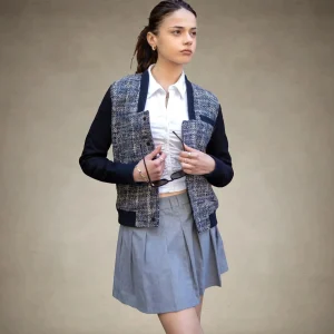 Best Members Only Women's Updated Tweed Varsity Jacket with Contrast Sleeve - FINAL SALE Navy